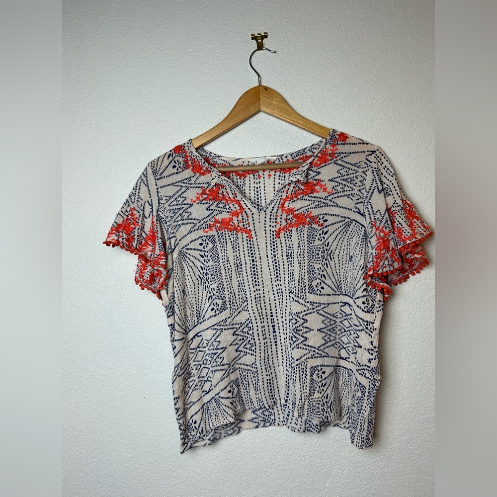 THML Embroidered Boho Blouse | Navy & Coral Summer Top - Size Small - Picture 2 of 8